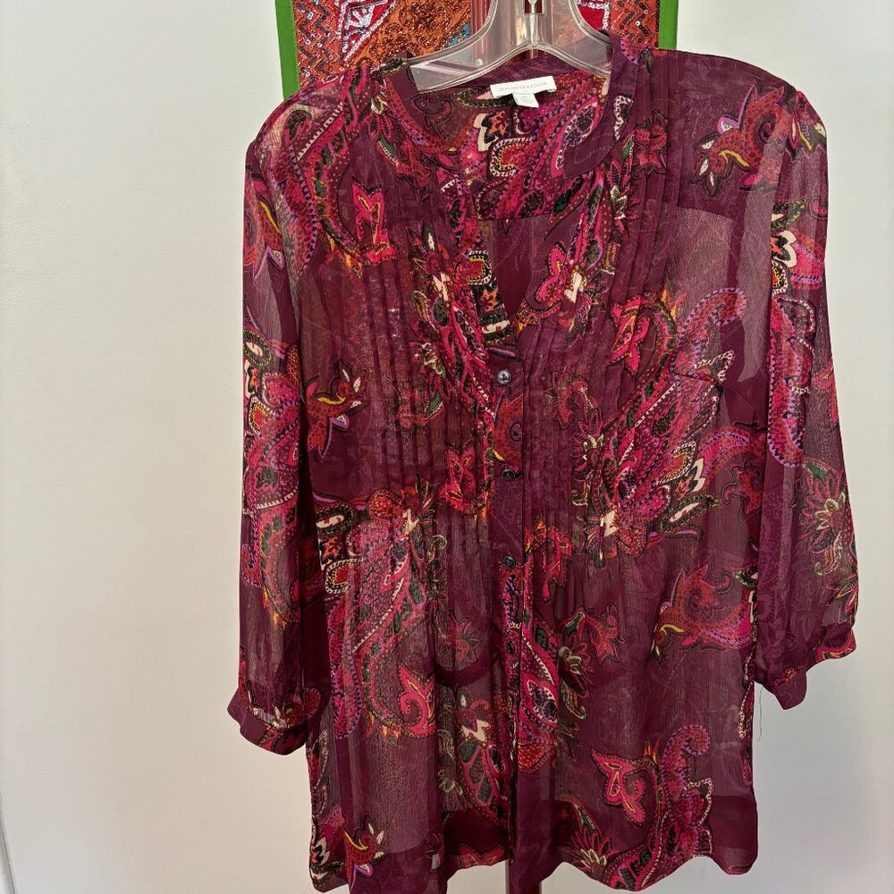 Sheer, floaty polyester pleated paisley poet's shirt, Charter Club size M.